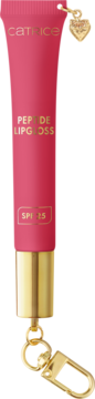 Catrice Peptide Lipgloss SPF 25, różowa tubka ze złotym korkiem, z brelokiem serca i karabińczykiem.