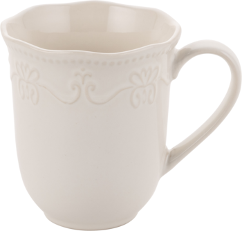 Kremowy ceramiczny kubek z uchwytem, reliefowy wzór kwiatowy i kropki, falisty brzeg, widok z boku.