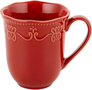 Czerwony, ceramiczny kubek z uchwytem i falistym brzegiem, z wypukłym, kwiatowym wzorem. Na czarnym tle.
