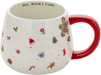 Biały kubek ceramiczny z czerwonym uchem, zdobiony świątecznymi motywami, m.in. piernikiem, choinkami. Napis "OH, WHAT FUN!" wewnątrz. Widok z boku.