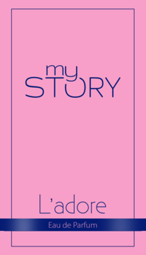 my STORY L'adore Eau de Parfum, różowe opakowanie z ciemnoniebieskimi napisami, widok z przodu, prostokątne.