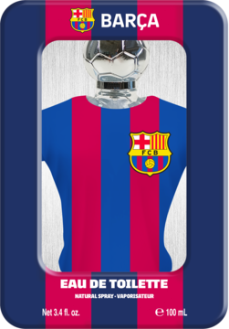 Woda toaletowa FC Barcelona: butelka w formie koszulki blaugrana z herbem, srebrna piłka to korek, w pudełku.