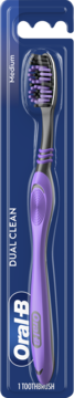Oral B Dual Clean szczoteczka manualna, fioletowa, w przezroczystym blistrze na niebieskim tle, z napisem Medium.
