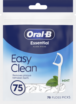 Oral-B Essential Easy Clean Floss Picks, miętowe, 75 sztuk. Biało-niebieskie opakowanie, widok z przodu.