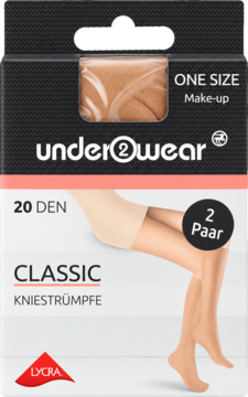 under2wear Classic podkolanówki 20 DEN, kolor Make-up, 2 pary, w czarno-czerwonym opakowaniu. Widok z przodu.