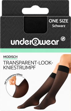 Czarne, transparentne podkolanówki Under2wear w opakowaniu. Z przodu ilustracja produktu na nodze.