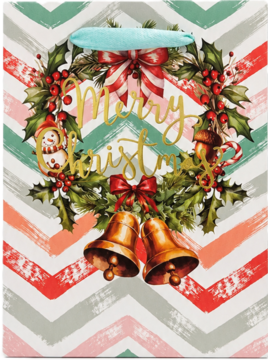 Świąteczna torba prezentowa: kolorowe chevrony, wieniec z napisem "Merry Christmas", dzwonki i bałwanek.