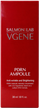 SALMON:LAB VGENE PDRN Ampoule w czerwonym pudełku, widok z przodu, z anty-zmarszczkową formułą.