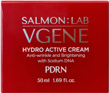 Czerwone pudełko kremu SALMON:LAB VGENE HYDRO ACTIVE z PDRN, na zmarszczki, z białym tekstem, widok z przodu.