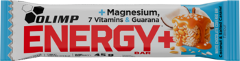 Baton Olimp Energy+, białe opakowanie z czerwonym napisem, magnez, 7 witamin, guarana. Widok z przodu, z karmelem.