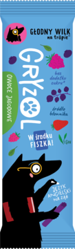 GRYZOL Owoce Jagodowe, baton niebieski z wilkiem w monoklu, bez cukru, z fiszką do angielskiego. Widok z przodu.