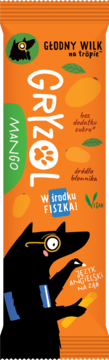 Pomarańczowy baton Głodny Wilk GRYZOL Mango. Front opakowania z wilkiem-detektywem i hasłem 'W środku FISZKA!', bez cukru.