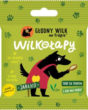 Zielone opakowanie Wilkołapy Głodny Wilk Jabłko, żelki bez cukru, z wilkiem detektywem w czerwonym fartuchu.