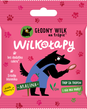 Różowe opakowanie żelek Głodny Wilk Wilkołapy Malina. Bez cukru, z wit. C i błonnikiem. Widok z przodu.
