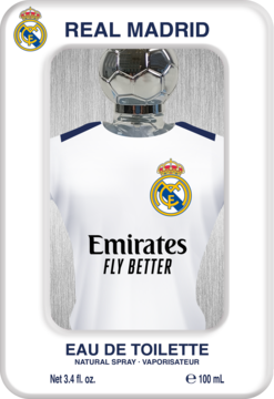 Real Madrid Eau de Toilette w butelce w kształcie białej koszulki z herbem i logo Emirates na tle karty.