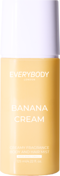 Mgiełka Everybody London Banana Cream do ciała i włosów, jasnożółta butelka 125ml, biała nakrętka, widok z przodu.