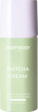 Butelka Everybody London Matcha Cream Body & Hair Mist, zielona z białym napisem, 125 ml, widok z przodu.