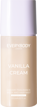 EVERYBODY LONDON Vanilla Cream body & hair mist, 125ml, light cream bottle with white cap, straight on view.