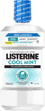 Płyn do jamy ustnej Listerine Cool Mint 500ml, ekstra łagodny, Zero Alkoholu, przezroczysta butelka, widok przód.