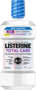 Listerine Total Care Zero Alkoholu 6w1, ekstra łagodny płyn 500ml, biała butelka, widok z przodu.