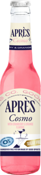 Różowy napój APRES Cosmo w szklanej butelce, etykieta 0% alkoholu i bez cukru, widok z przodu.