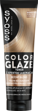 Syoss Color Glaze Toner Beżowy Blond, nabłyszczający, czarna tuba z blond włosami, z efektem laminacji, widok z przodu.