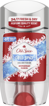Old Spice Cold Spice Clear Gel antiperspirant, red & blue label with ice, Cool Mint perfume quality scent.