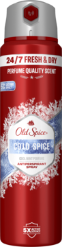 Czerwony antyperspirant w sprayu Old Spice Cold Spice z etykietą z płatkami śniegu i napisem "Cool Mint", widok z przodu.