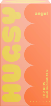 Front of Hugsy Angel kids' eau de toilette 50ml box, light peach with yellow 'HUGSY' text and orange waves.