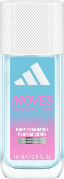 Adidas Moves body fragrance 75ml z 48h deo action, w butelce z gradientową niebiesko-różową etykietą, widok z przodu.