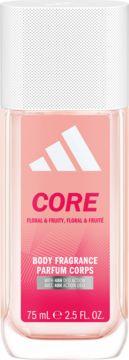Adidas Core Body Fragrance, 75ml, różowa butelka z białym logo, przód. Zapach floral & fruity, 48h ochrona.