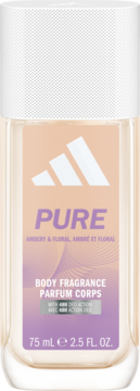 Adidas Pure Body Fragrance 75ml, bursztynowo-kwiatowy zapach w butelce z gradientem koloru, biały korek.