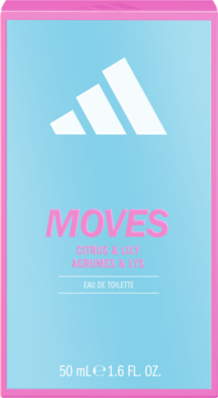Adidas Moves woda toaletowa damska, pudełko 50ml, niebieskie, różowa ramka, zapach cytrusowo-liliowy.