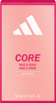 Adidas Core Eau de Toilette 50ml w różowym pudełku, z białym logo i napisem Rose & Peach, widok z przodu.