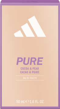 Adidas Pure woda toaletowa, pudełko Cocoa & Pear, beżowe z fioletową ramką, logo Adidas, widok z przodu.