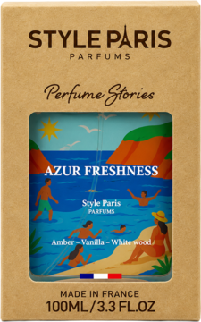 Style Paris AZUR FRESHNESS 100ml perfume box. Brown cardboard, colorful sea illustration, notes: Amber, Vanilla, Wood.