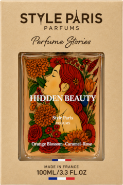 Style Paris Hidden Beauty perfume box, floral bottle with woman's profile, notes: Orange Blossom, Caramel, Rose.