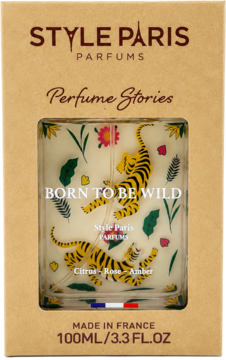 Flakon perfum Style Paris Born to Be Wild 100ml, w kartonowym pudełku z rysunkiem tygrysów.