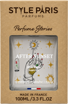 Perfumy Style Paris After Sunset 100ml w brązowym kartonie z okienkiem, flakon z motywami słońca i księżyca.