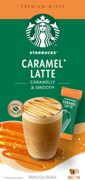 Starbucks Caramel Latte instant. Zielone opakowanie z kubkiem kawy z pianką i karmelem, widok z przodu, 4 saszetki.