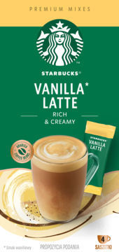 Opakowanie Starbucks Vanilla Latte mix, zielone, z filiżanką spienionej kawy i 4 saszetkami instant.
