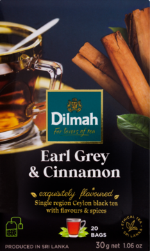 Czarne pudełko Dilmah Earl Grey & Cinnamon, cejlońska czarna herbata, 20 torebek. Widok z przodu, grafika kubka z herbatą i cynamonu.
