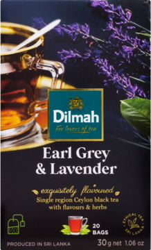 Ciemne opakowanie herbaty Dilmah Earl Grey & Lavender, z grafiką dzbanka herbaty i fioletowej lawendy, 20 torebek.