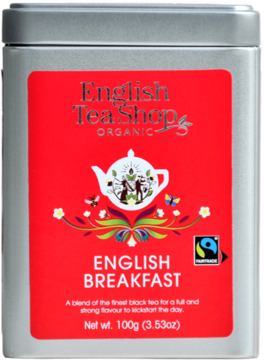 Srebrna puszka organicznej herbaty English Breakfast 100g English Tea Shop, czerwona etykieta, widok z przodu.