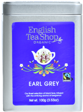 Srebrna puszka herbaty English Tea Shop Organic Earl Grey 100g, widok z przodu, niebieska etykieta.