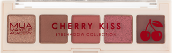 Paleta cieni MUA Cherry Kiss: 5 brązowo-wiśniowych, matowych i błyszczących odcieni, z logo i wzorem wiśni.