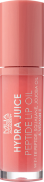 MUA Hydra Juice Peptide Lip Oil w przezroczystej butelce z koralowym płynem i dopasowaną nakrętką, widok z przodu.