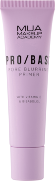 Fioletowa tubka MUA PRO/BASE Pore Blurring Primer z witaminą C, widok z przodu na czarnym tle.