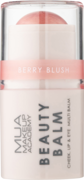 Wielofunkcyjny sztyft MUA Beauty Balm Berry Blush do policzków, ust i oczu, widok z przodu z odsłoniętym, kremowym wkładem.