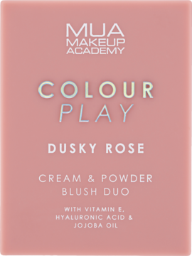 Różowe opakowanie MUA Colour Play Dusky Rose Cream & Powder Blush Duo, z witaminą E, kwasem hialuronowym i jojoba.